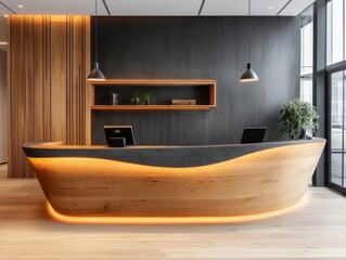 Modern Wooden Reception Desk With Ambient Lighting