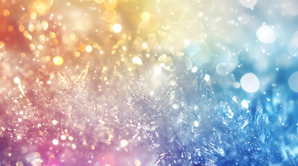 Frosty crystal rainbow glitter, icy shards reflecting prismatic hues, glamorous wintery atmosphere