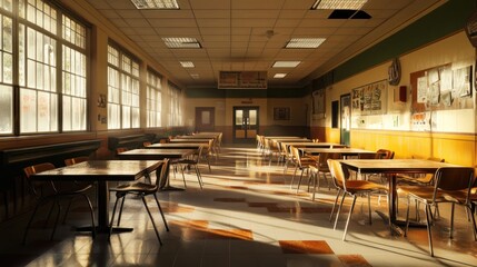 Sunlit school cafeteria with empty tables and chairs.