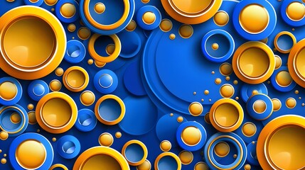 A vibrant abstract design featuring colorful circles and shapes in blue and orange.