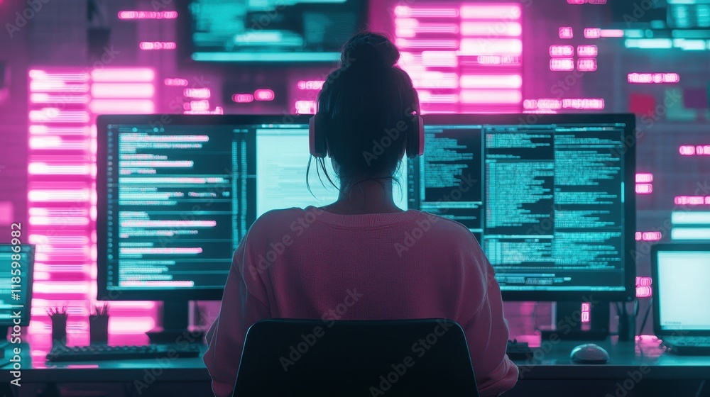 Poster a person sits in front of multiple computer screens displaying code, surrounded by vibrant, colorful
