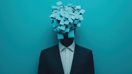 A person in a suit with a head made of sticky notes against a blue background, symbolizing thoughts, ideas, and overwhelm.