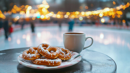 Cup of coffee with pretzels on a table near an ice skating rink, festive lights and winter holiday atmosphere.