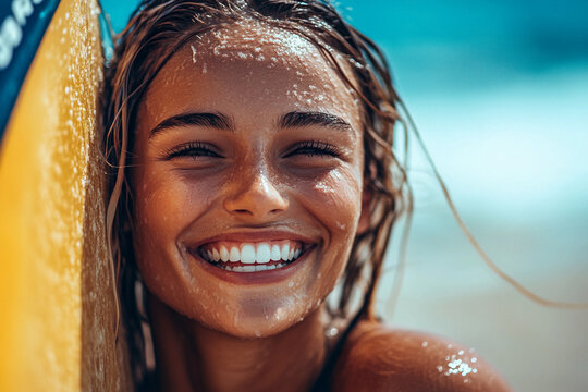 Smiling young surfer proudly holding a surfboard on a sunny beach day with waves in the background