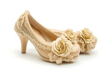 Obraz premium Pair of beige female shoes isolated on white background