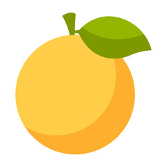 A simple illustration of a vibrant orange with a green leaf.