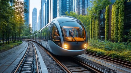 Fototapeta premium Modern electric train travels through a green city.