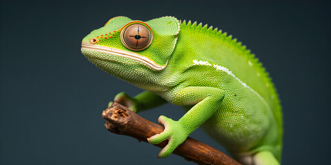Fototapeta premium Close-up of a bright green chameleon on a branch, vibrant studio lighting, sharp details, and 8K clarity with empty space