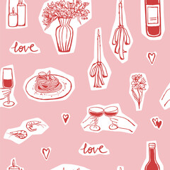 Romantic dinner seamless pattern with cut out elements. Design for Valentines Day in traditional colors