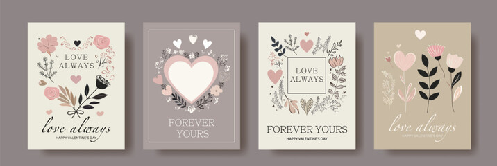 Set of Minimalist Valentine's Day Cards in Soft Pastel Colors. Elegant Floral and Heart Motifs with Romantic Messages Like 'Love Always' and 'Be Mine'. Perfect for Holiday Designs	
