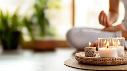 A serene space with candles on a mat, promoting relaxation and mindfulness, while a person meditates in the background.