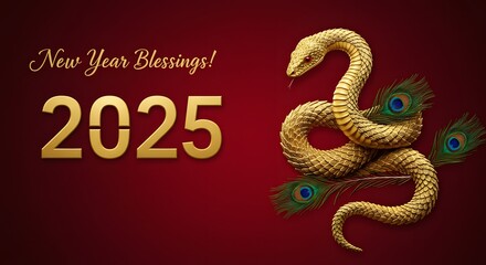 Golden snake entwined with peacock feathers on red background representing elegance and blessings for Chinese new year 2025
