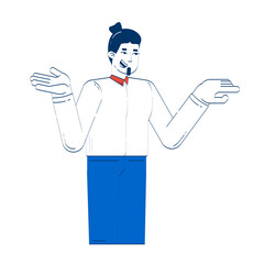 Positive caucasian man shrugging 2D doodle character. Business career. Young adult male office employee communicating cartoon person vector drawing isolated on white. Hand drawn illustration colorful