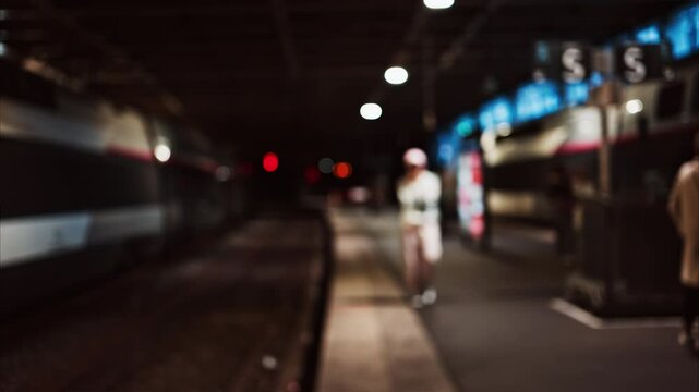 Blurred view of people and trains moving through the Cannes train station in the evening