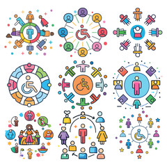 Illustrations of disabled individuals in active roles, showcasing their participation in sports, work, education, and community activities, emphasizing inclusivity and empowerment.