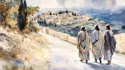 Naklejka premium Jesus teaches disciples along an ancient road in Jerusalem with misty hills in the background and soft gray tones