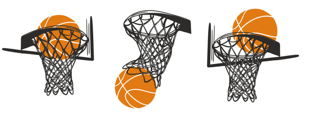 Basketball ball hit the hoop. Basketball basket and ball. Basket Net with basketball ball, sport equipment. Sportive basket with ring vector illustration isolated on white background.