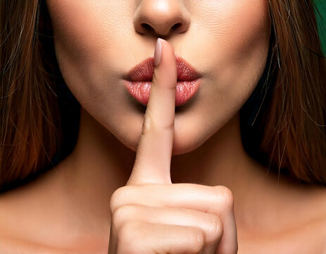 Primer plano labios de mujer sellados y dedo &iacute;ndice pidiendo silencio, AF