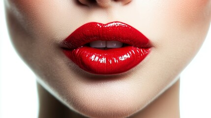Obraz premium Closeup of Luscious Red Lips. A mesmerizing close-up of perfectly sculpted red lips, accentuated by a glossy finish, exudes confidence and allure. The vibrant red hue is both classic and captivating.