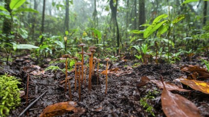 Obraz premium Delicate Mushrooms Emerging in Lush Tropical Rainforest Environment