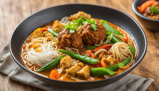 Rice noodles in fish curry sauce with meatball and vegetable (Kanom Jeen Nam Ya)
