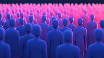 A digital crowd of stylized figures, bathed in vibrant blue and pink hues, creates a mesmerizing visual effect.