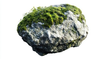 Mossy rock isolated on white background, nature element for design