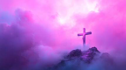 Purple cross on mount against cloudy sky. Religion concept. For design, print, card, wallpaper. View from below.