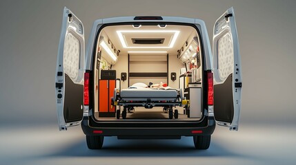 Ambulance Interior. A modern, clean and well-equipped ambulance interior with open doors, revealing a hospital bed, medical equipment, and advanced technology.