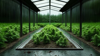 Indoor cannabis cultivation in a modern greenhouse with lush green plants and controlled lighting