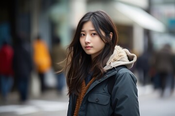 Fototapeta premium A woman wearing a black coat and a brown scarf stands in front of a building