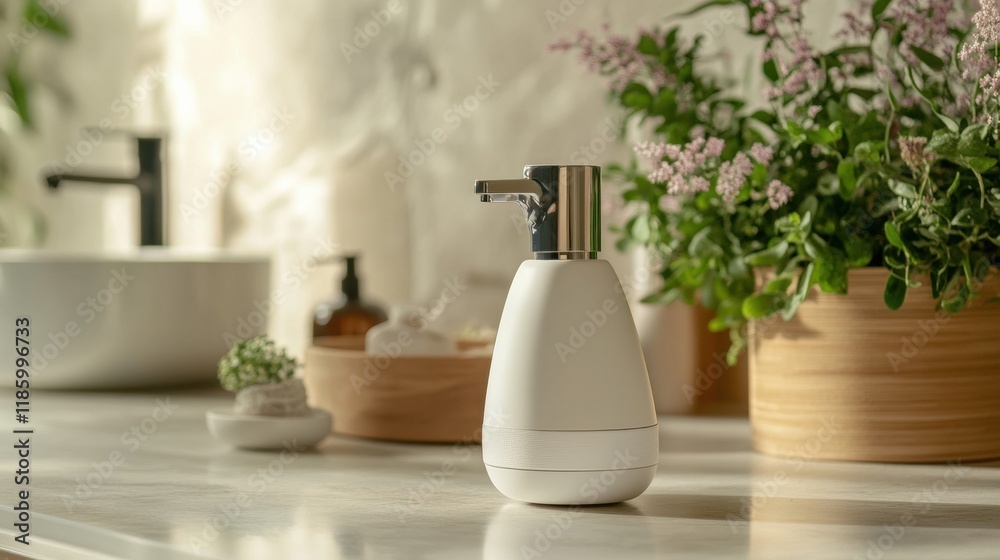 Poster sanitizer droplets at work to eliminate bacteria on a bathroom counter surrounded by greenery and va