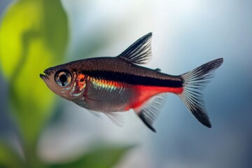 Fototapeta premium A vibrant fish with a black and red stripe swims gracefully among green aquatic plants in a serene underwater environment.