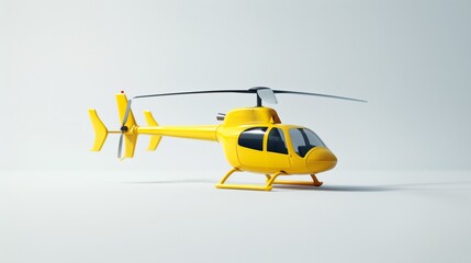 Fototapeta premium A yellow toy helicopter with spinning blades, isolated on a clean white surface, highlighting its shape.