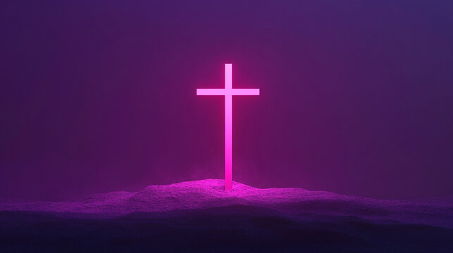 Glowing pink cross on purple background. Religious concept. For design, print, card, banner, poster, flyer. Top view. With copy space.