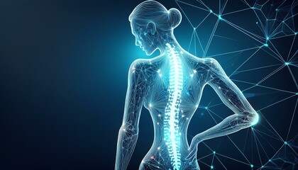 Herniated disk concept and spine pain diagnostic in low polygon, particle, and triangle style. x ray image of human head.