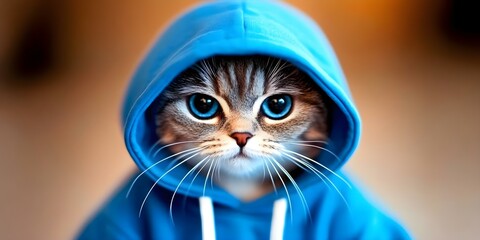 A cute cat wearing a blue hoodie with large, expressive eyes. Concept Cute Cat Fashion, Adorable Hoodie, Expressive Eyes, Feline Photography, Animal Portraits