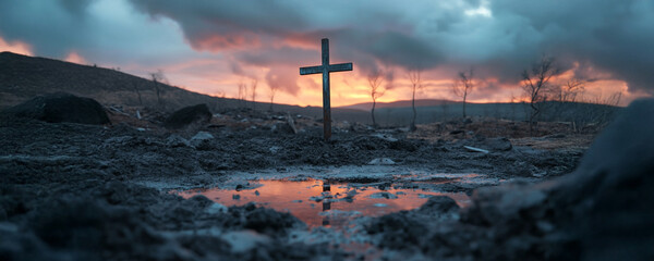 Cross on dry field with puddle reflection at sunset. Religion and faith concept. Use for print, poster. Wide shot.