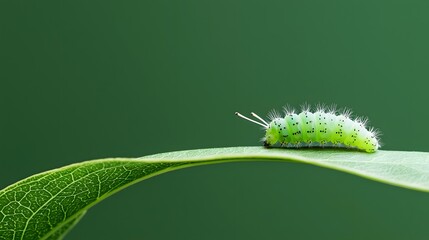 Fototapeta premium Macro Nature Photography of Segmented Monarch Caterpillar Exploring Verdant Leaf