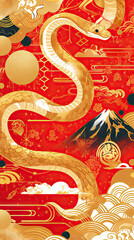Obraz premium Dragon orSnake illustration design, minimalist, graphic design, clear scales, writhing body, gold foil paper brush marks
