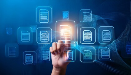 Hand touching document icon on virtual screen to document management, online documentation
