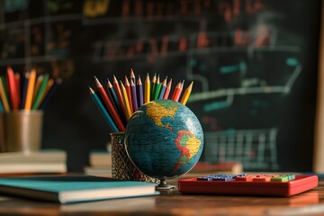Classroom globe, pencils, books, chalkboard, learning