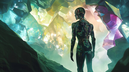 Silhouette of a Humanoid Figure Surrounded by Glowing Crystals: A Mystical, Surreal Landscape Blending Nature and Technology in a Dreamlike, Futuristic Environment with Vibrant Colors and Ethereal Bea