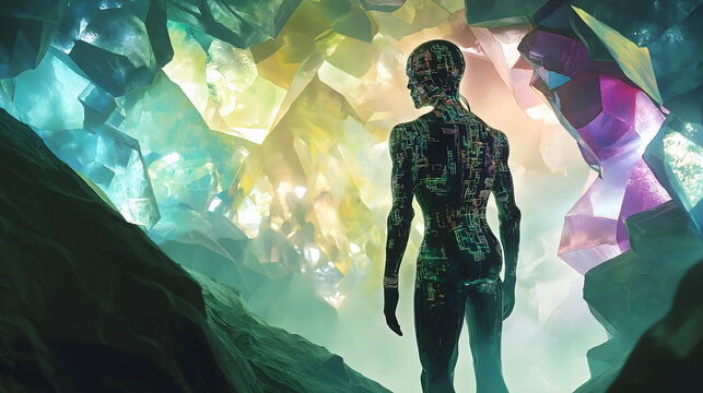 Silhouette of a Humanoid Figure Surrounded by Glowing Crystals: A Mystical, Surreal Landscape Blending Nature and Technology in a Dreamlike, Futuristic Environment with Vibrant Colors and Ethereal Bea