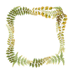 Square wreath with fern leaves botanical card template in earth tone. Hand drawn watercolor elegant floral frame. Perfect for the use of ecological material and modern designs.