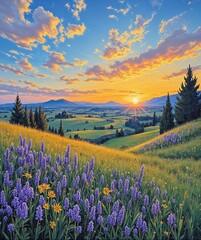 Fototapeta premium Sunset over a colorful meadow with wildflowers and rolling hills