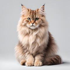 Fototapeta premium A stunning portrait of a fluffy Norwegian Forest Cat sitting gracefully, with its golden eyes and soft fur, displaying the cat's majestic and regal appearance.