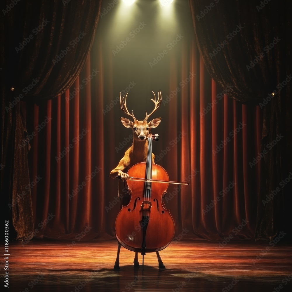 Poster deer plays cello on stage under spotlight in elegant theater setting during performance. generative 