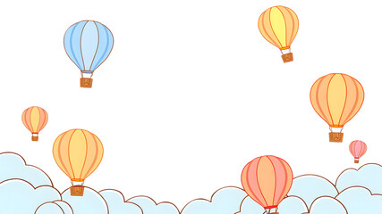 Obraz premium Hot Air Balloon Dreamscape: A whimsical scene of colorful hot air balloons floating amidst fluffy clouds, creating a dreamy and cheerful illustration perfect for children's books, stationery.