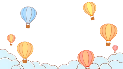 Hot Air Balloon Dreamscape: A whimsical scene of colorful hot air balloons floating amidst fluffy clouds, creating a dreamy and cheerful illustration perfect for children's books, stationery.